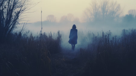 a mysterious barbara walks through autumn grass on a cold morning, captured in a river instamatic lo-fi photo. the image showcases a distant river, silhouettes of tall trees, and a thick fog, all enveloped in cold blue tones. ai generatedの素材
