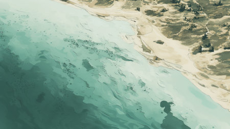 a google earth satellite image captures the stunning edge of a mountain, resembling realistic marine paintings. the image showcases a beautiful blend of teal and beige tones, reminiscent of simplistic vector art. with intricate underwater worlds and photorealistic detail, it portrays the expertise of a sea and coast painter. the light green and beige hues add a touch of serenity to the scene. ai generatedの素材