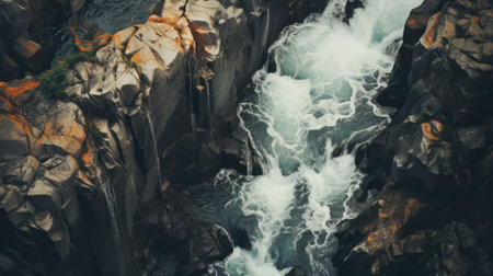 a waterfall bursts out from a rocky formation, cascading down near a towering cliff. this aerial view captures the texture-rich canvas of norwegian nature, showcasing marta bevacqua's high contrast compositions. the majestic portrayment of the scene is enhanced by the high resolution, allowing every detail to be appreciated. ai generatedの素材