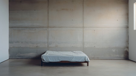 concrete wall and bed in a minimalist still life room with windows. the indoor still life captures the essence of ssaku hanga art style, featuring a creased fabric and traditional elements. the elongated composition adds a unique touch to this captivating image. ai generatedの素材