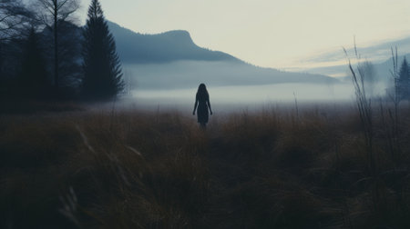 a mysterious linda walks through the autumn grass on a cold morning, captured in a mountain instamatic lo-fi photo. the image showcases a distant mountain, tall tree silhouettes, and a foggy atmosphere, all enveloped in cold blue tones. ai generatedの素材