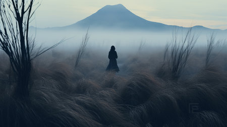 a mysterious sarah walks through autumn grass on a cold morning, captured in a volcano instamatic lo-fi photo. in the distance, a majestic volcano stands, surrounded by tall tree silhouettes and enveloped in fog. the photo exudes a cold and serene atmosphere with its cold blue tones. ai generatedの素材