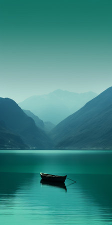 a serene mediterranean lake scene with a boat gently floating on still waters, surrounded by majestic mountains. the image showcases a tranquil ambiance with its soothing palette of dark green, aquamarine, dark turquoise, and light brown. the composition, reminiscent of swiss style, presents a captivating blend of elements, evoking the essence of a peaceful lake wallpaper. the photo captures the essence of webcam photography. aiの素材