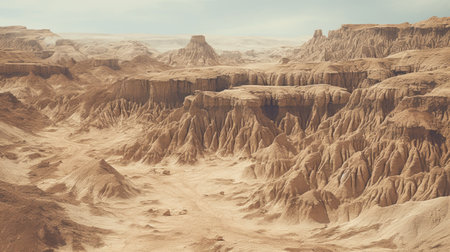 a stunning desert landscape featuring towering cliffs and mountains, captured in the unique style of cinema4d rendering and scanner photography. the scene is enhanced with atmospheric installations, showcasing naturalistic cityscapes and intricate organic sculpting. the detailed beige backgrounds add depth and realism to this captivating image. ai generatedの素材