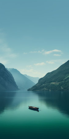 a serene mediterranean lake scene with a boat gently floating on calm waters, surrounded by majestic mountains. the photo showcases a soothing color palette of dark green, aquamarine, dark turquoise, and light brown, creating a tranquil and introspective ambiance. the swiss-style composition and webcam-like photography add a unique touch, reminiscent of a picturesque lake wallpaper. ai generatedの素材