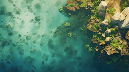 the photo captures a birds-eye-view of the ocean, adorned with rocks and vegetation. the texture exploration style adds a realistic yet stylized touch to the serene visuals. the translucent water and isometric perspective create a sense of depth and tranquility. this havencore scene is a perfect blend of natural elements and artistic interpretation. ai generatedの素材