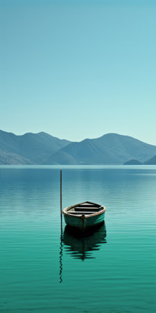a serene mediterranean lake scene with a boat peacefully floating on still waters, surrounded by majestic mountains. the image showcases a tranquil ambiance with its soothing palette of dark green, aquamarine, dark turquoise, and light brown. the composition, reminiscent of swiss style, combines contrasting elements to create a captivating lake wallpaper effect. the photo has a webcam-like quality, adding a touch of authenticity. ai generatedの素材
