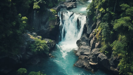 aerial photograph of a stunning waterfall in the jungle, captured in ultra hd. the image showcases the beauty of nature with its light turquoise and dark gray color palette, reminiscent of traditional japanese aesthetics. the kawaii-inspired composition adds a touch of charm, while the rough edges give it a unique and captivating appeal. ai generatedの素材
