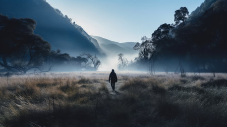 a person strolls along a foggy path in a deserted grassland, surrounded by towering trees, reminiscent of australian and fantasy landscapes. the scene is captured in stunning 8k resolution, showcasing the majestic mountainous vistas. the image exudes a dark and gritty ambiance, reminiscent of chad knight's style, while also incorporating social commentary within the landscape. ai generatedの素材