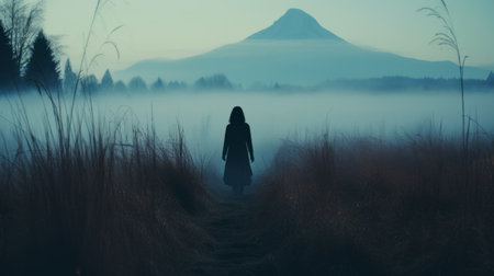 a person walks through the grass with a majestic mountain in the background. this eerie landscape, reminiscent of misty gothic and japanese photography, captures the essence of psychological phenomena illustrations. the 8k resolution enhances the dark symbolism and tenebrous atmosphere of the scene. ai generatedの素材