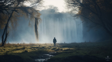 mysterious anthony walks through autumn grass on a cold morning, captured in a lo-fi instamatic photo. the image showcases a distant waterfall, surrounded by tall tree silhouettes and enveloped in fog. the cold blue tones add to the ethereal atmosphere of the scene. ai generatedの素材