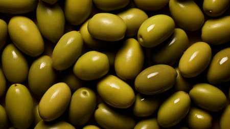 a photo of olive leaves, olive fruits, and olive oil, along with other vegetables like green olives and scallions. the image showcases boldly textured surfaces and incorporates techniques like focus stacking. inspired by the style of alex prager, the photo uses chiaroscuro lighting to create a dramatic effect. the composition features rounded shapes and a light yellow color palette, with hints of cranberrycore. ai generatedの素材