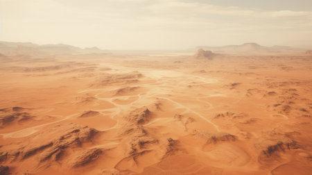 a realistic and detailed rendering of a plain desert, formed over millions of years. the image showcases a combination of dark orange and light beige tones, captured using tilt-shift lenses to create a unique perspective. the distressed surfaces add a touch of texture, while the overall aesthetic leans towards futuristic realism with a hint of british topographical influence. soft mist adds an ethereal quality toの素材