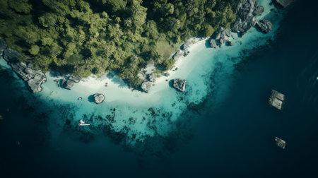 a wooden boat floats peacefully in the turquoise ocean, amidst a backdrop of lush green islands. this stunning aerial view, reminiscent of scenes rendered in unreal engine, captures the essence of a mysterious jungle meeting the serene seaside. the cinematic sets created by artists like caras ionut and kuang hong come to life in this captivating image, where dark and white tones blend harmoniously. aiの素材