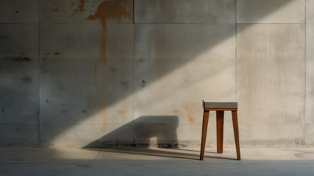 wooden table in front of a concrete wall, featuring luminous shadows and a sophisticated woodblock design. the table is captured with the samyang af 14mm f2.8 rf lens, showcasing its raw texture and the unique combination of light gray and amber tones. this bauhaus-inspired piece exudes a sense of functional design and artistic quadratura. ai generatedの素材