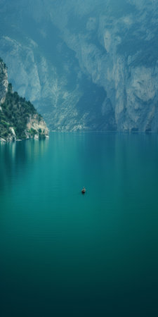 a serene mediterranean lake scene with a boat peacefully floating on still waters, surrounded by majestic cliffs and mountains. the photo showcases a soothing color palette of dark green, aquamarine, dark turquoise, and light brown, creating a tranquil and introspective ambiance. the composition is reminiscent of a swiss-style lake wallpaper, captured with a webcam-like photography technique. ai generatedの素材