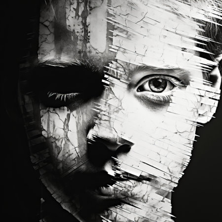 a horror movie poster featuring a young man with a black and white face and a broken eye. the poster is designed in the style of abstract versus figurative art, inspired by artists like mandy disher and igor morski. the fragmented portraiture and grungy patchwork create a chilling atmosphere. this photo was captured with a nikon d750 by elena paraskeva. ai generatedの素材