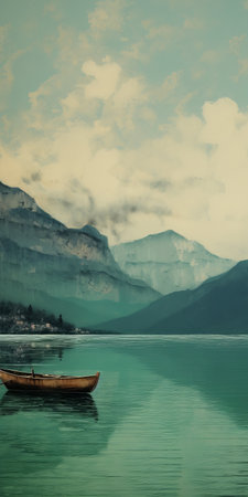 a serene mediterranean lake scene with a boat on calm waters, surrounded by majestic mountains. the photo showcases a soothing color palette of dark green, aquamarine, dark turquoise, and light brown. it captures the essence of a peaceful and introspective atmosphere, reminiscent of a swiss lake wallpaper. the image has a webcam photography style, adding a unique touch to the composition. ai generatedの素材