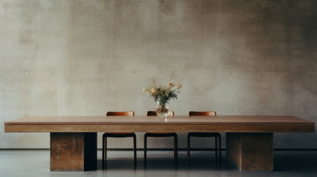 a symmetrical arrangement of a table with chairs, captured with a nikon d750, showcases the natural minimalism and polished concrete aesthetic. inspired by the styles of anka zhuravleva, casey baugh, and rinko kawauchi, this photo embodies a harmonious blend of clean lines and balanced composition. ai generatedの素材