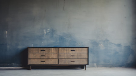 oak bedroom dresser in a bedroom with gray walls. this stock photo (39882817) showcases an industrial minimalist style, featuring dark sky-blue and dark bronze accents. the design is influenced by japonism, with large-scale minimalist elements. the dresser reflects the unpolished authenticity of the american studio craft movement, while also incorporating traditional vietnamese influences. ai generatedの素材