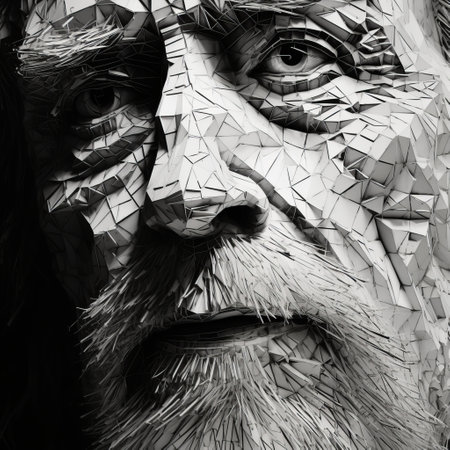 a photo by christian gillis photography showcasing art by nefsa. this piece is created in the style of mosaic-inspired realism, low poly, and alan moore. it features intricate black and white illustrations reminiscent of vincent van gogh's work. the rough hewn surfaces and detailed portraiture add depth and texture to the composition. ai generatedの素材