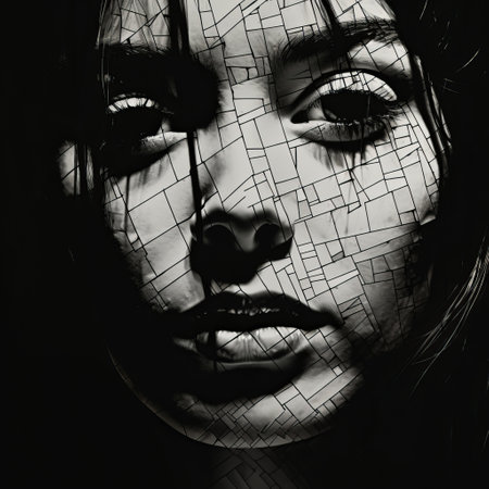 a black and white photo captures a girl with a broken face, showcasing a mosaic-inspired realism. the painterly strokes and grid-like composition add depth to the image, while the cracked details and realistic hyper-detailed rendering create a captivating effect. the photo is reminiscent of glass artwork and exhibits elements of chiaroscuro woodcuts. ai generatedの素材