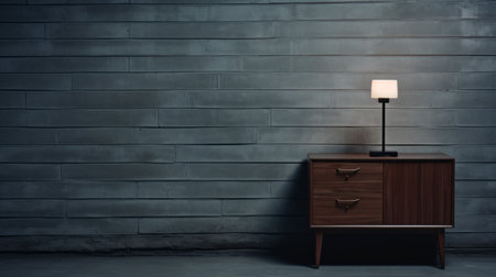 a small lamp, in the style of dark palette chiaroscuro, stands on a wood desk against a wall. this modern urban uhd image captures the essence of gregory crewdson's work, with an emphasis on contrast. the lamp's design reflects the american mid-century aesthetic, adding a touch of cabincore to the scene. ai generatedの素材