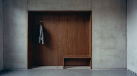 entryway in a modern home featuring dark wood, inspired by the dusseldorf school of photography. this minimalist space captures hyperrealistic details and draws influence from minimalistic japanese design. with a confessional ambiance, it seamlessly blends into everyday life, showcasing the beauty of wood. ai generatedの素材