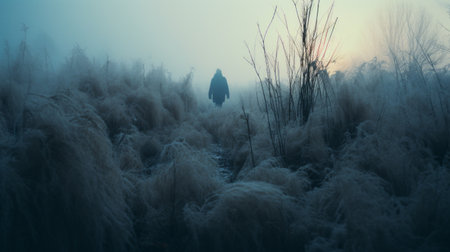 mysterious mark walks through autumn grass on a cold morning, captured in a lo-fi, reef instamatic photo. the image showcases a distant reef, silhouettes of tall trees, and a foggy atmosphere, all enveloped in cold blue tones. ai generatedの素材