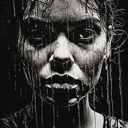 a black and white illustration of a face with wet hair, showcasing a dark and dramatic chiaroscuro style. the painting features a paint dripping technique, reminiscent of gritty urban scenes. the portrait is hyper-detailed and realistic, drawing inspiration from the works of thomas eakins. the illustration skillfully captures trapped emotions, and it is rendered using the maya software. ai generatedの素材