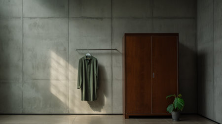 an empty room featuring industrial and product design elements. a red coat hangs on the railing, adding a pop of color to the dark green and beige surroundings. the room exudes an elegant and minimalist aesthetic, reminiscent of neo-concrete and danish design. this photo captures the beauty of simplicity and showcases the artistry of clothing as a still life. ai generatedの素材