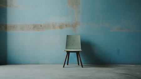an empty wooden chair by neizgaray williams sits in a blue room, showcasing a polished concrete-style backdrop. the chair's light emerald and dark brown hues complement the densely textured or haptic surface. inspired by japanese minimalism, the photo captures the rough textures, with a combination of light green and dark gray tones. the matte finish adds to the overall aesthetic. ai generatedの素材