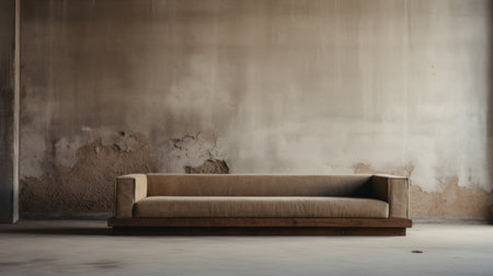 an abandoned couch, in a light bronze and dark beige color scheme, is positioned in front of a wall. this ethereal minimalist photo showcases elements of industrial and product design, with a combination of natural and man-made materials such as wood. the panoramic scale of the image adds to its intentional canvas-like quality. ai generatedの素材