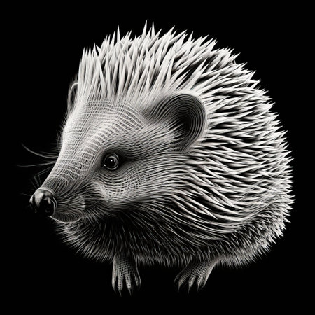 a 3d hedgehog chibi animal is depicted in this hyper-realistic illustration. set against a black background, the engraved line-work style showcases undulating lines that give the image a pseudo-infrared effect. the light silver and white colors add a touch of fantasy to this captivating illustration. ai generatedの素材
