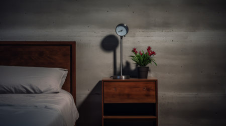 two small pots sit on a bedside table, showcasing the industrial brutalism style. this unique arrangement by adrian donoghue combines elements of clockpunk and cinematic lighting. the polished concrete surface adds a minimalist touch, while the precisionist nature studies bring a sense of artistic detail to the composition. ai generatedの素材