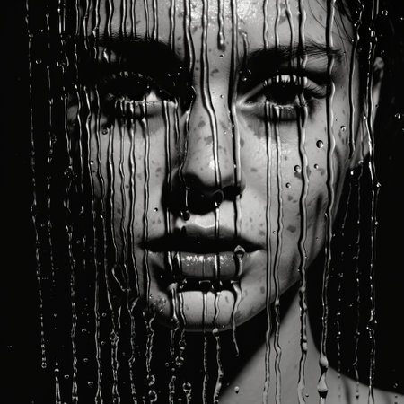 a black and white photograph captures a woman standing in the rain, showcasing the realistic hyper-detailed portrait style. the image features a paint dripping technique reminiscent of marc lagrange's work. the woman's serene face and the blink-and-you-miss-it detail create an intriguing atmosphere. the hyper-realistic depiction of water adds a dark and intricate element to the overall composition. ai generatedの素材
