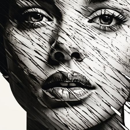 a black and white drawing of a woman's face, created with textural pictorial effects. this uhd image showcases bold fashion photography, layered mesh, and strip painting techniques. the drawing exhibits precise hyperrealism and is made of glass. ai generatedの素材