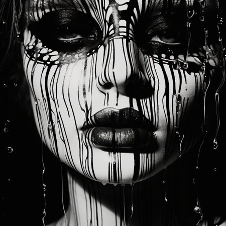 a woman's face is depicted in a white image, adorned with a single water drop. the artwork showcases bold, black lines and a paint dripping technique, creating intricate black and white illustrations. the use of liquid metal adds a mysterious mood to the piece, resembling intricate body-painting or strip painting. ai generatedの素材