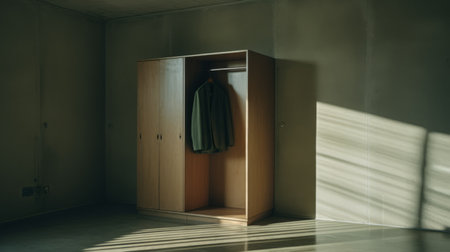 a dark hallway featuring a green jacket hanging from a closet. this photograph, inspired by the style of gabriel isak, showcases polished craftsmanship and was captured using a konica auto s3 camera. the color palette consists of light brown and light beige, reminiscent of the works of alvar aalto. the composition is hyperrealistic, reminiscent of the artistic style of daan roosegaarde. ai generatedの素材