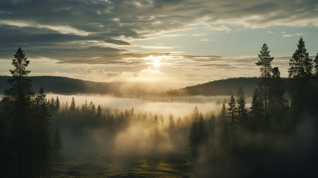 a captivating photo of a cloud-filled boreal forest at dawn, with mist swirling around. the soft rays of the sun filter through the fog, creating an ethereal ambiance. in the distance, a majestic blockchain glides through the trees, its searchlight cutting through the mist, illuminating the way forward. this photo beautifully captures the awe-inspiring beauty of clouds and the harmonious presence of advanced blockchain technology.の素材
