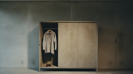 a wooden closet, in the style of minimalist still lifes, stands stacked in an empty room. this neo-concrete piece exudes the angura kei aesthetic, with atmospheric color washes and a limited color range. the olive cotton adds a touch of warmth, while the precision in details showcases the artist's skill. ai generatedの素材