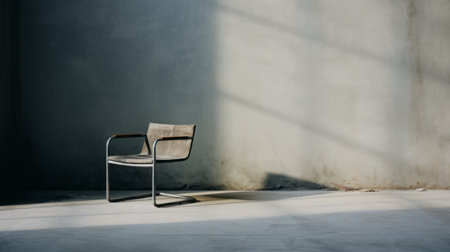 an empty modern chair, designed in the style of naturalistic light and shadow, showcases the essence of bauhaus functional design. with its silver and brown color scheme, this chair embodies the elegance of danish design. captured through the lens of a canonet ql17 giii, this photo exudes an atmospheric serenity, highlighting the eco-friendly craftsmanship of the piece. ai generatedの素材