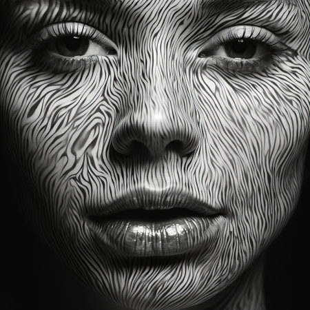 a black and white photo captures a woman's face adorned with intricate paint designs. the style showcases wavy lines and organic shapes, resulting in a hyper-detailed and realistic rendering. the image showcases the artist's skill in creating detailed character illustrations with linear patterns, all beautifully captured in uhd quality. ai generatedの素材