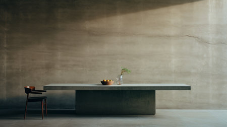 table and chairs painted at a white paint booth, inspired by hiroshi sugimoto's style. the artwork showcases texture-rich surfaces and captures the essence of dark and moody still lifes. the color palette includes shades of concrete and dark beige, reflecting a zen minimalism aesthetic. influences from architect bjarke ingels can also be seen in the design. ai generatedの素材