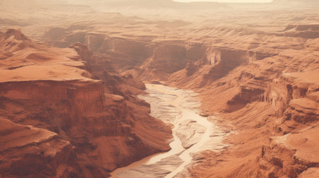 vintage sepia-toned photograph of the majestic great grand canyon, captured from a birds-eye-view perspective. this unconventional composition showcases romantic riverscapes, with a unique color palette of light orange and silver. the image has been minimally retouched, allowing the natural beauty of the canyon to shine through. created using unreal engine 5 technology. ai generatedの素材