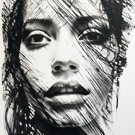 a black and white drawing of a woman with her face cut out, showcasing spray painted realism. this net art piece captures the essence of contemporary african art with its ultra-high-definition image. the artist's attention to detail is evident in the realistic and hyper-detailed portraits, while the strong facial expression is conveyed through emotional and gestural strokes. ai generatedの素材