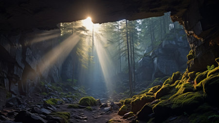 a captivating photo of a cave in a boreal forest at dawn, surrounded by mist. the soft rays of the sun filter through the fog, creating an ethereal atmosphere. in the distance, a majestic seo soars through the forest, its searchlight cutting through the mist, illuminating the path ahead. this photo beautifully captures the awe-inspiring beauty of the cave and the harmonious presence of advancedの素材