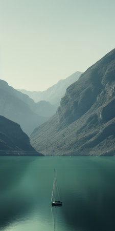 mediterranean lake scene with a boat on calm waters, surrounded by majestic mountains. the lagoon showcases a serene ambiance in shades of dark green, aquamarine, dark turquoise, and light brown. the swiss-style composition creates a captivating juxtaposition, reminiscent of a tranquil lake wallpaper. the photo captures the essence of webcam photography, adding a unique touch to the overall aesthetic. ai generatedの素材