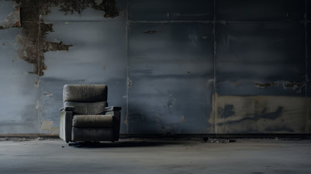a dirty floor in a room featuring a recliner chair, reminiscent of post-apocalyptic backdrops. the dark indigo and gray color scheme adds to the minimalist conceptualism, while the steel elements evoke a sense of postminimalism. the overall atmosphere exudes emotional sensitivity, capturing the essence of post-minimalism. ai generatedの素材