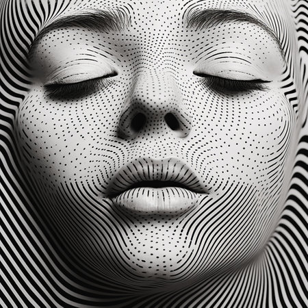 a black and white photo captures a woman with a multicolored face, showcasing a pointillist optical mixing style. the image features graphic lines, a futuristic organic feel, and graceful lines that create an illusion of three-dimensionality. ai generatedの素材